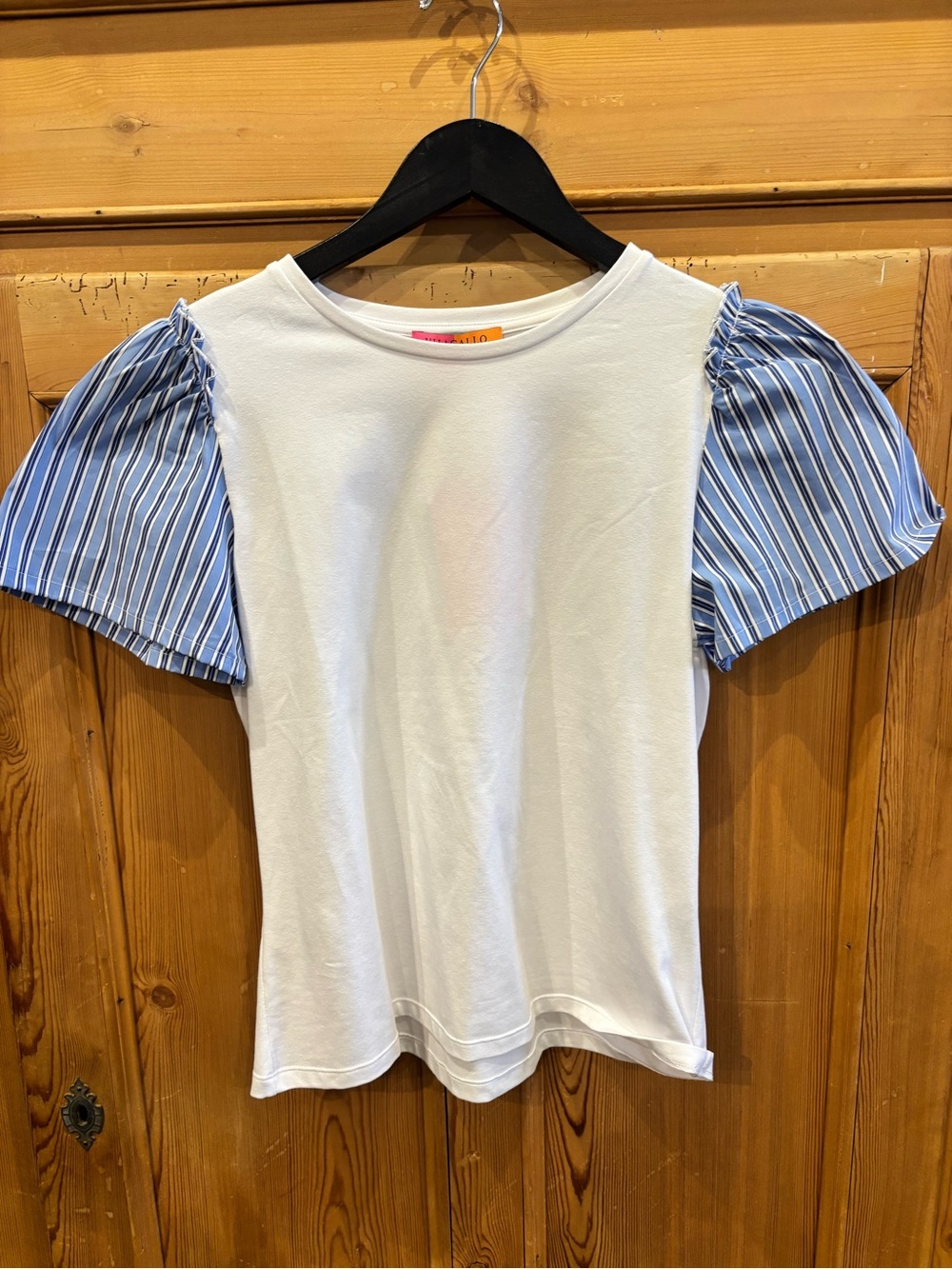 Vilagallo White Tee with Blue Striped Puff Sleeves